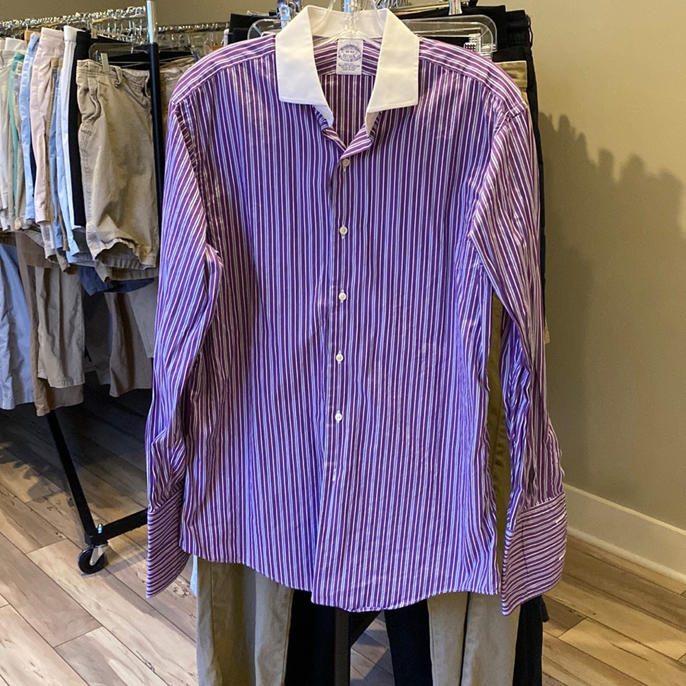 Men’s Brooks Brothers Dress Shirt / Size 16-33, Slim Fit / Purple Stripe